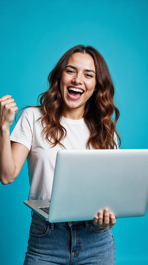Mujer con el pc en la mano contenta